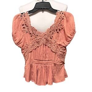 Free People Sweet Roses Pullover Peach Crop Top Pull-on V-neck, Size XS